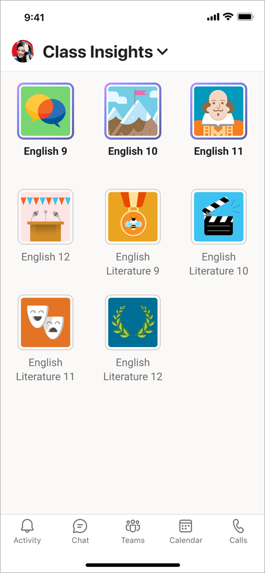 Screenshot that shows Teams on a mobile device in Class Insights, viewing tiles for eight class teams.