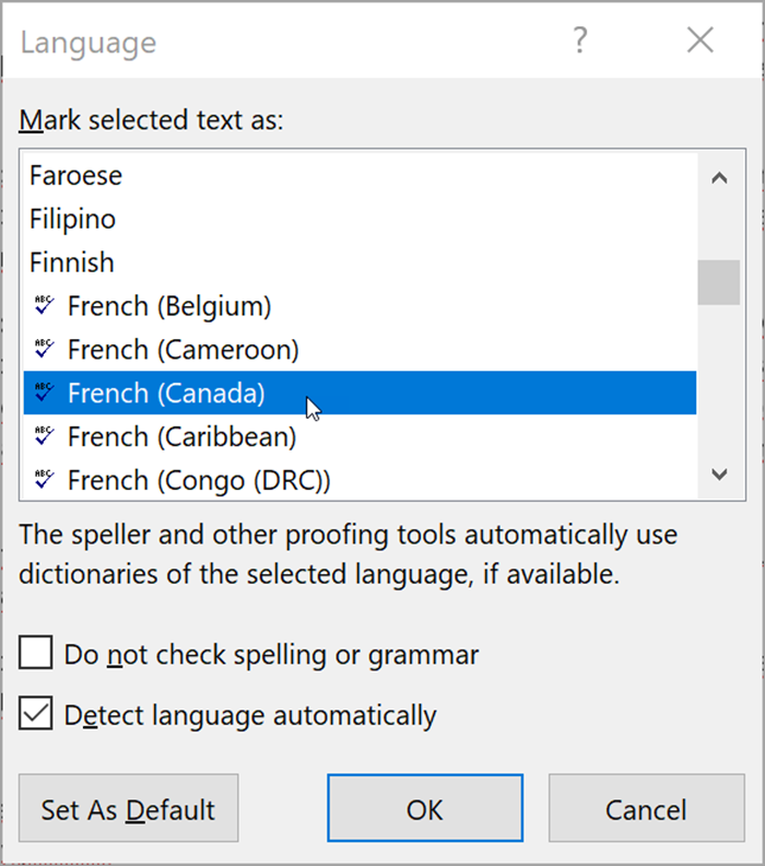 Screenshot from Word. Popup lists languages that can be selected. Detect language automatically is checked.