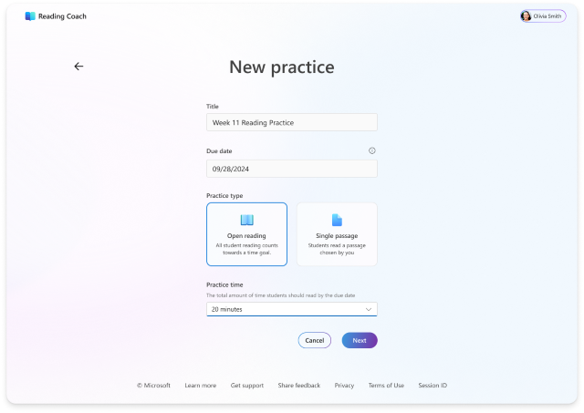 Reading Coach UI showing the new practice creation page, with the option to select a title, a deadline, and timed or passage-based practices to share