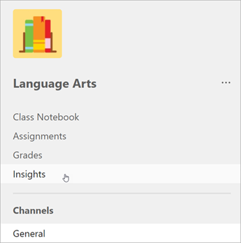 Screenshot of left navigation in Teams, A list shows class notebook, assignments, grades, then insights.