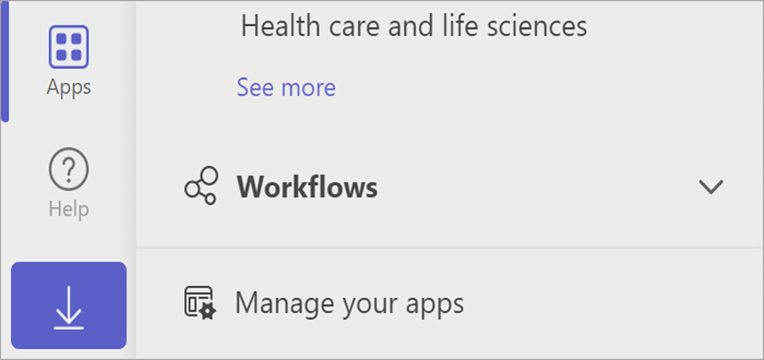Screenshot of Teams showing the apps button, which reveals the Manage your apps button.
