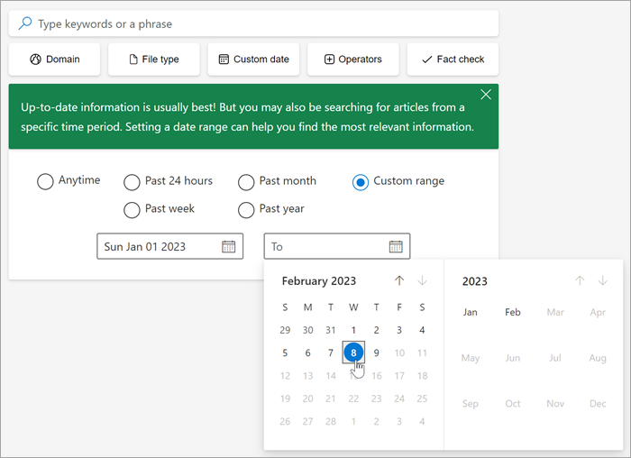 Screenshot of the date selection tool once you have selected custom range.