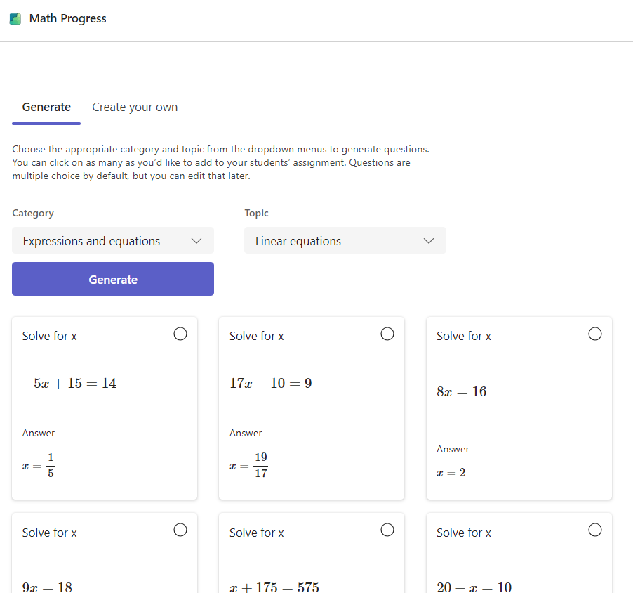 Screenshot of math progress.