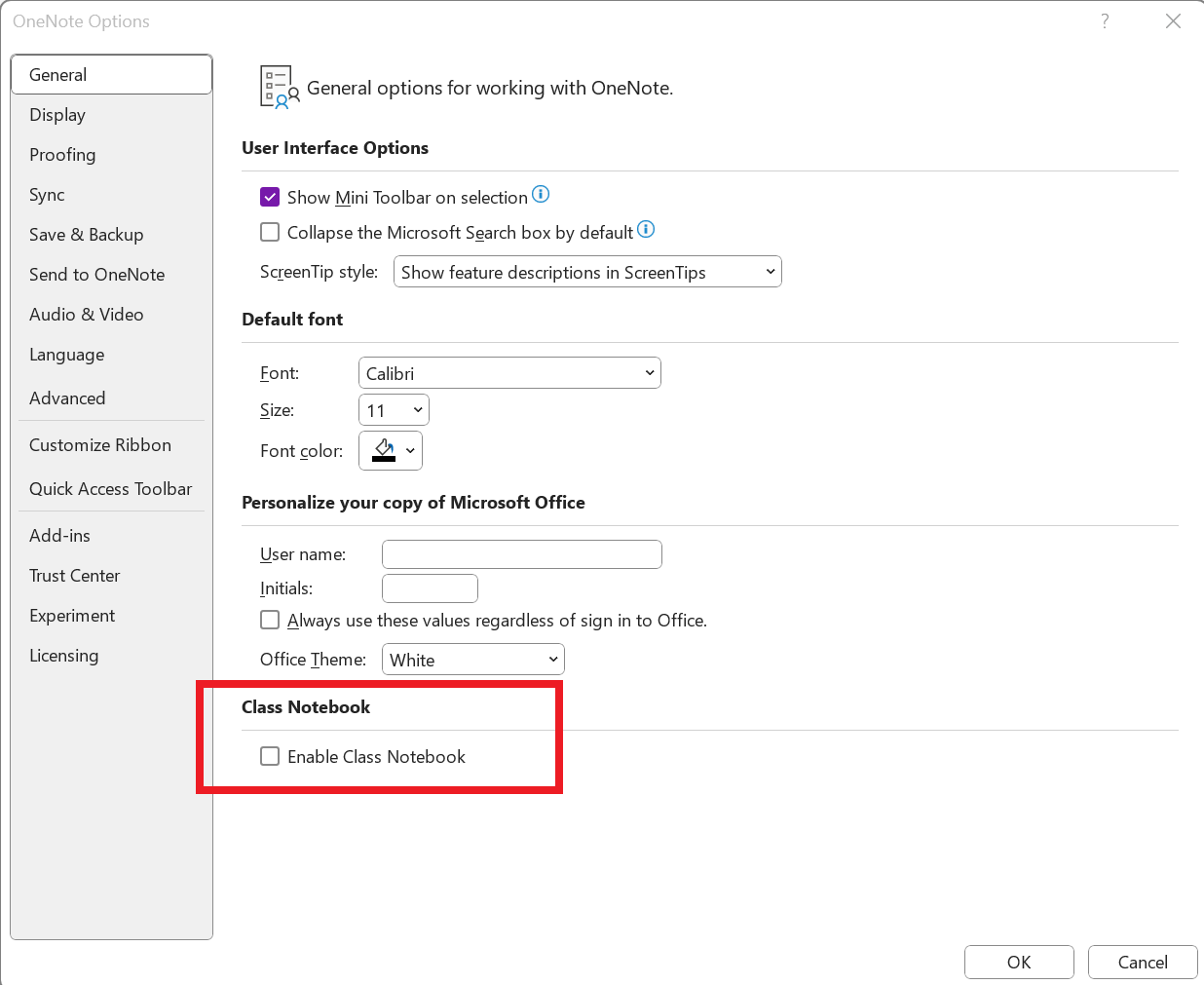 Navigate to File > Options > General and select Enable Class Notebook at the bottom of the page