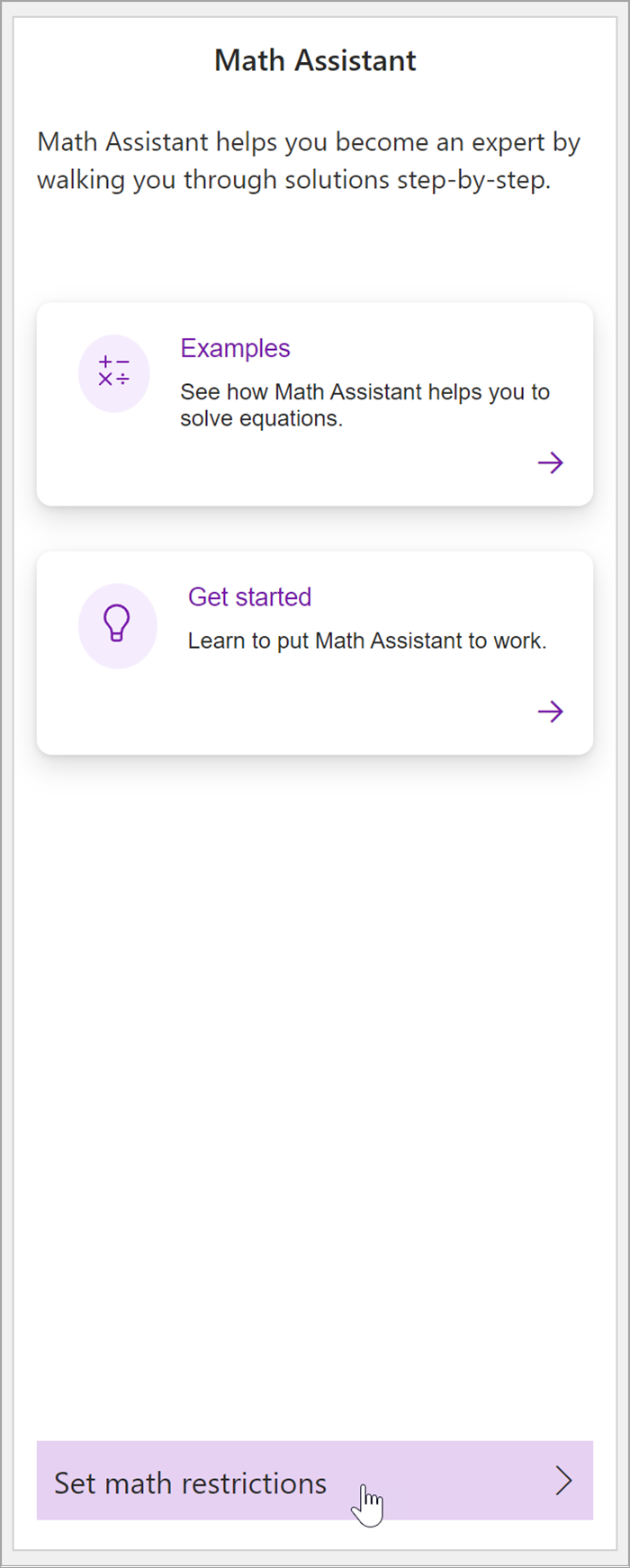 screenshot of the math pane in OneNote. A cursor hovers over the Set math Restrictions button