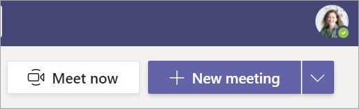 Screenshot that shows Meet now and New meeting buttons in the Teams Calendar view.