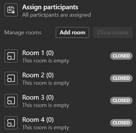 Screenshot that shows the Assign participants to breakout rooms with room list and Add room option.