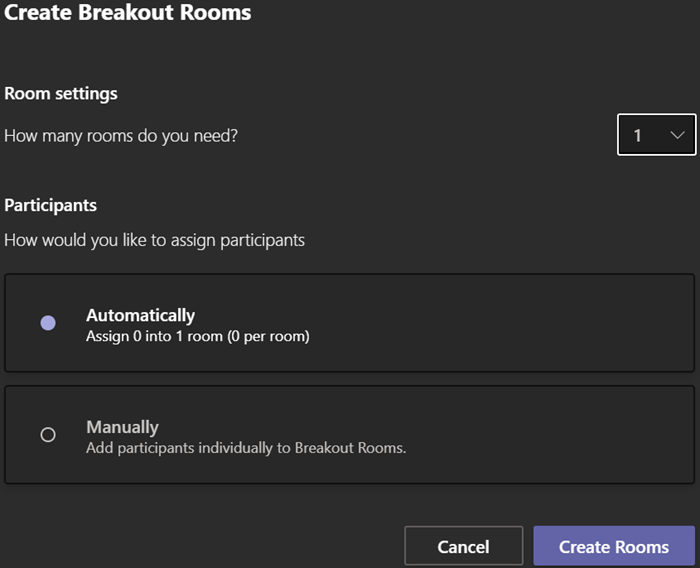 Screenshot that shows the Create Breakout Rooms dialog with options for room count and participant assignment.