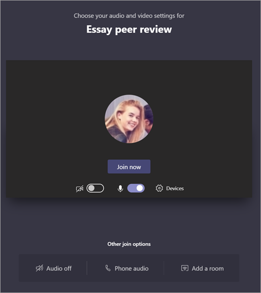 Screenshot that shows to choose audio and video settings for Teams meeting before joining.