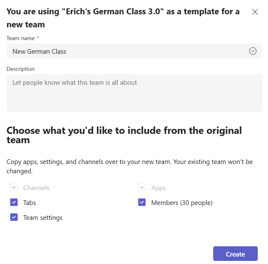 Screenshot that shows create a new team from an existing team template and select content to copy.