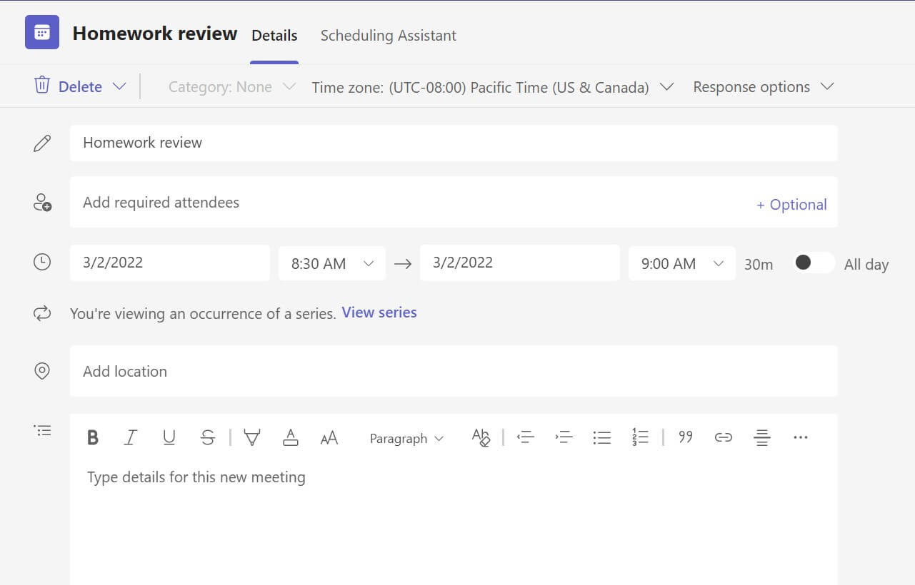 Screenshot of no meeting details in web version of Teams.