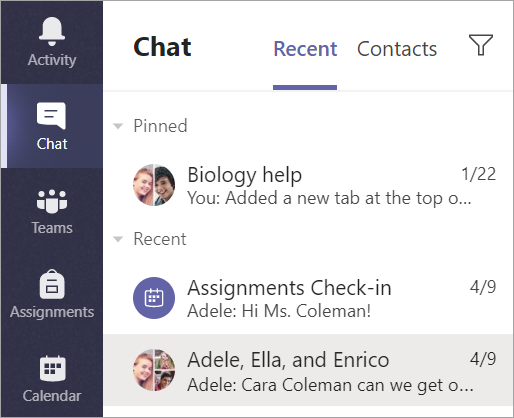 Screenshot that shows to select Chat from the app bar.