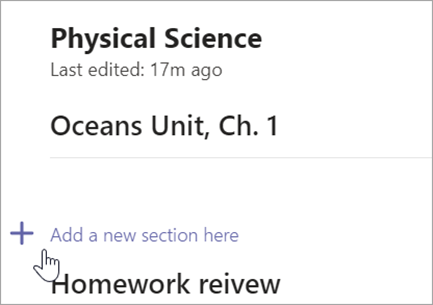 Screenshot that shows Class Notebook page with option to add a new section.