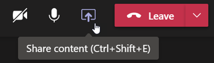 Screenshot that shows the Share content button in a Teams meeting control bar.