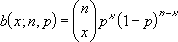 Binomial probability mass function for x successes in n trials