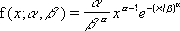 Weibull density: f of x, alpha, beta equals alpha divided by beta to the alpha, times x to the alpha minus 1, times e to the negative quantity x over beta to the alpha