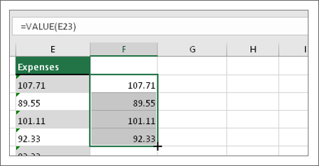VALUE formula results filled down column F