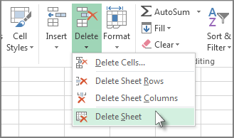 Excel Delete menu with Delete Sheet selected