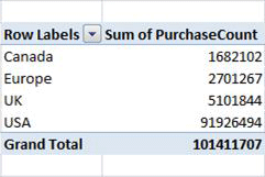 Correct PivotTable showing distinct purchase counts for each region