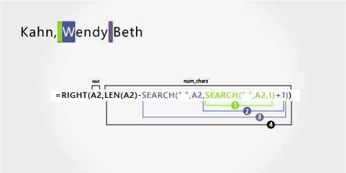 RIGHT formula extracting the middle name from Kahn, Wendy Beth