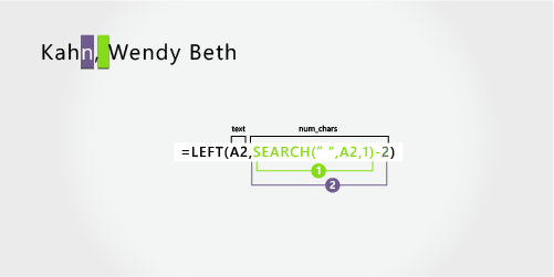 LEFT formula extracting the last name from Kahn, Wendy Beth