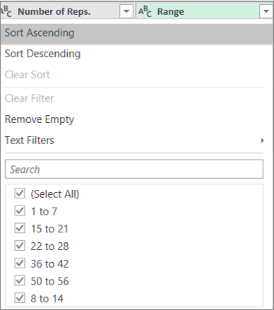 Screenshot that shows using the AutoFilter to see the ranges created.