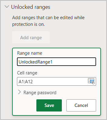Unlocked ranges pane with range name and cell range fields