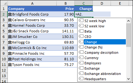 Screenshot that shows linked data type for Stocks.