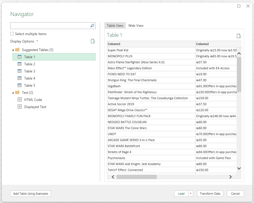 Navigator dialog showing five suggested web tables