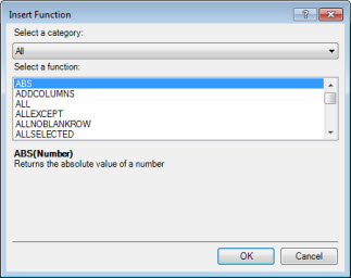 Insert Function dialog with All selected and ABS highlighted