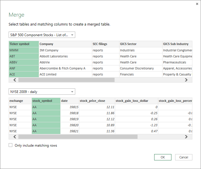 Merge dialog with matching columns selected in two tables