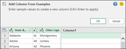Screenshot that shows Power Query combine column from example pane.