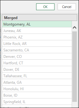 Screenshot that shows Power Query combine column from example merged data result.