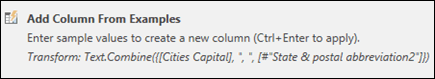 Screenshot that shows Power Query combine column from example custom column formula.
