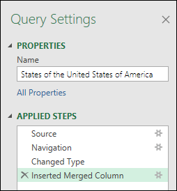 Screenshot that shows Power Query combine column from example applied steps window.