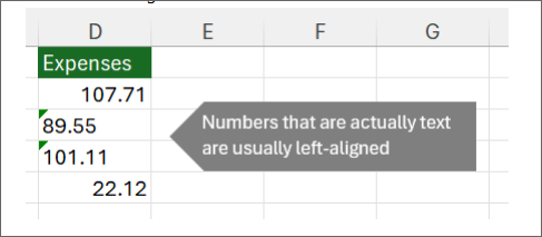 Numbers stored as text with green error indicators