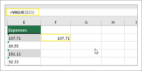 VALUE formula in cell F23 referencing text in cell E23
