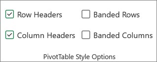 PivotTable Style Options for row and column banding