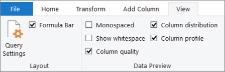 Screenshot that shows Data Profiling options on the View tab of the Power Query Editor ribbon.