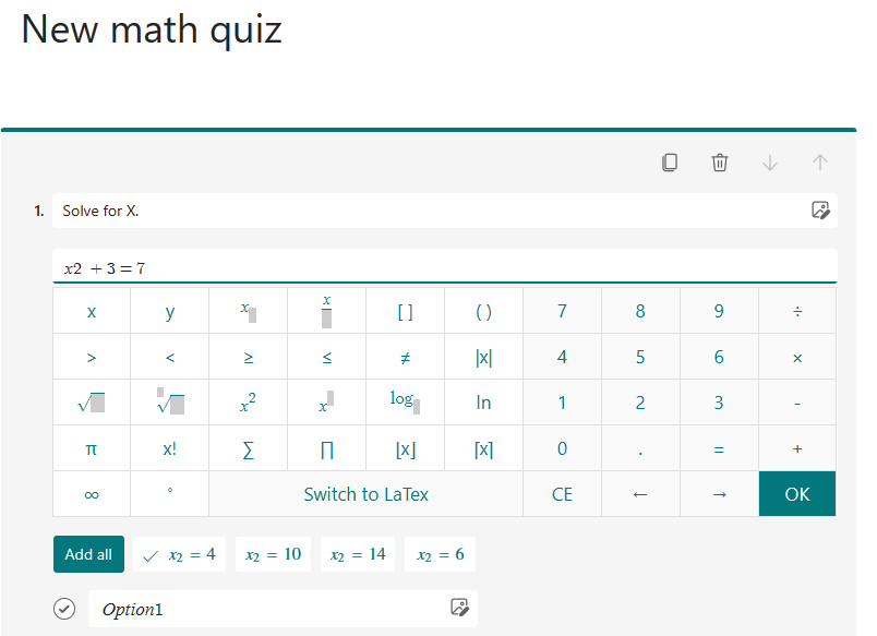 Equation editor and math keypad for a quiz question.