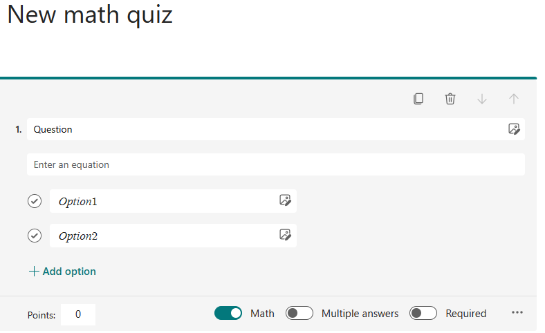 New math quiz with the Math option turned on.