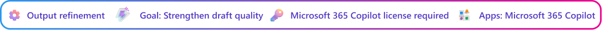 Output refinement context card focused on improving a Copilot-generated proposal draft. Goal: Refine proposal draft. Microsoft 365 Copilot license required. App: Microsoft 365 Copilot.