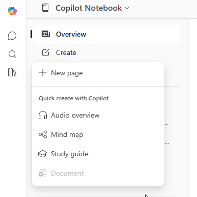 Screenshot of the Create menu with Mind map as an available option.