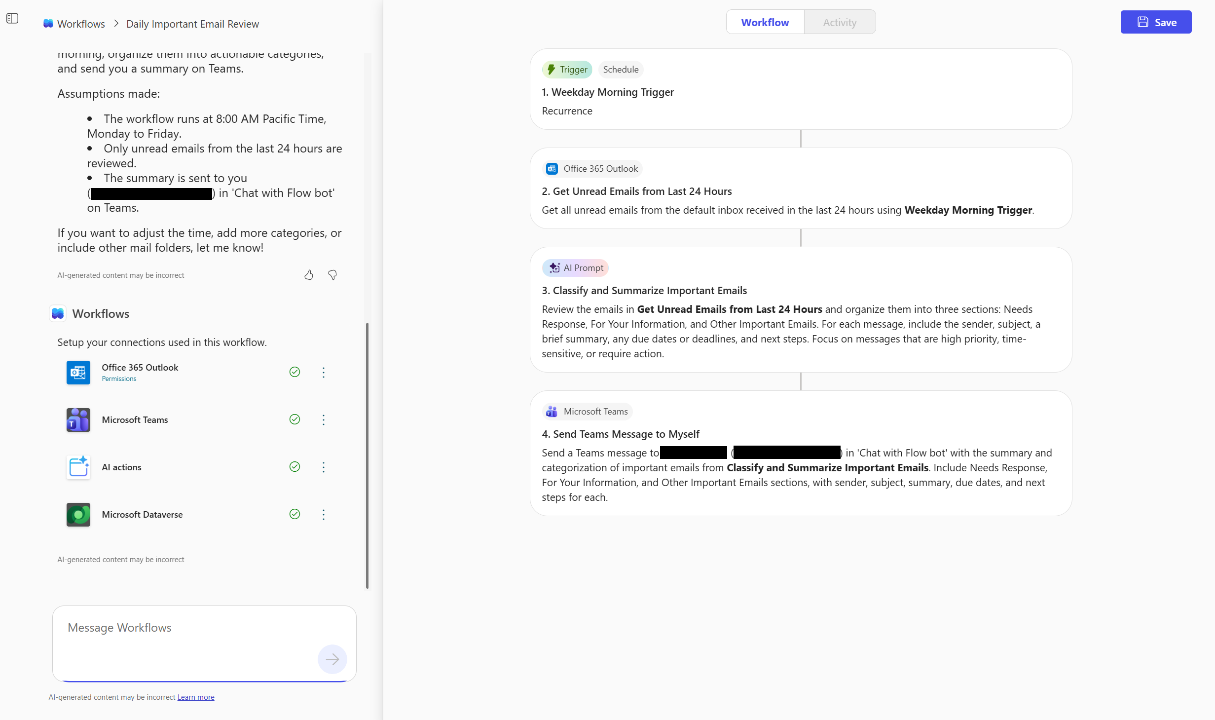 Screenshot of a workflows agent.