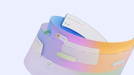 3D-rendered digital illustration of multiple overlapping translucent panels that contain simplified UI elements such as icons, buttons, and text fields