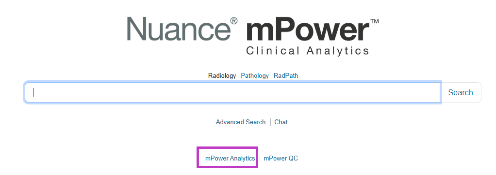 Screenshot of mPower Clinical Analytics search page with search bar, Radiology, Pathology, RadPath tabs, and mPower Analytics link highlighted.