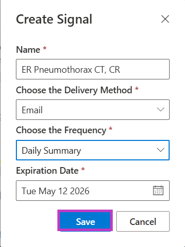 Screenshot of Create Signal dialog with name, delivery method, frequency, expiration date fields and Save button highlighted.