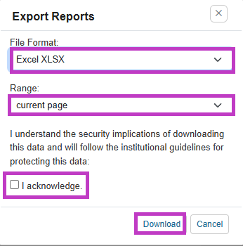 Screenshot of the Export Reports dialog showing file format, range, acknowledge checkbox, and Download button.