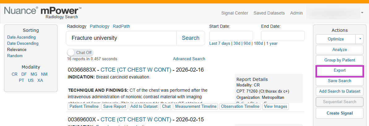 Screenshot of the Actions panel with the Export option highlighted by a box.