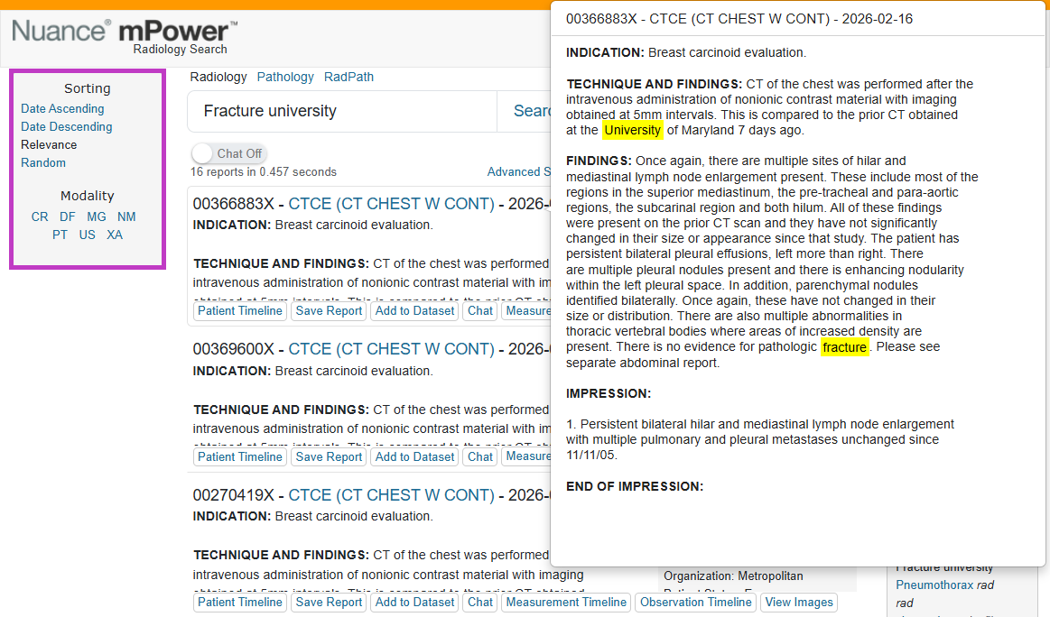 Screenshot of mPower search results with sorting options, modality filters, and a previewed report with highlighted terms.
